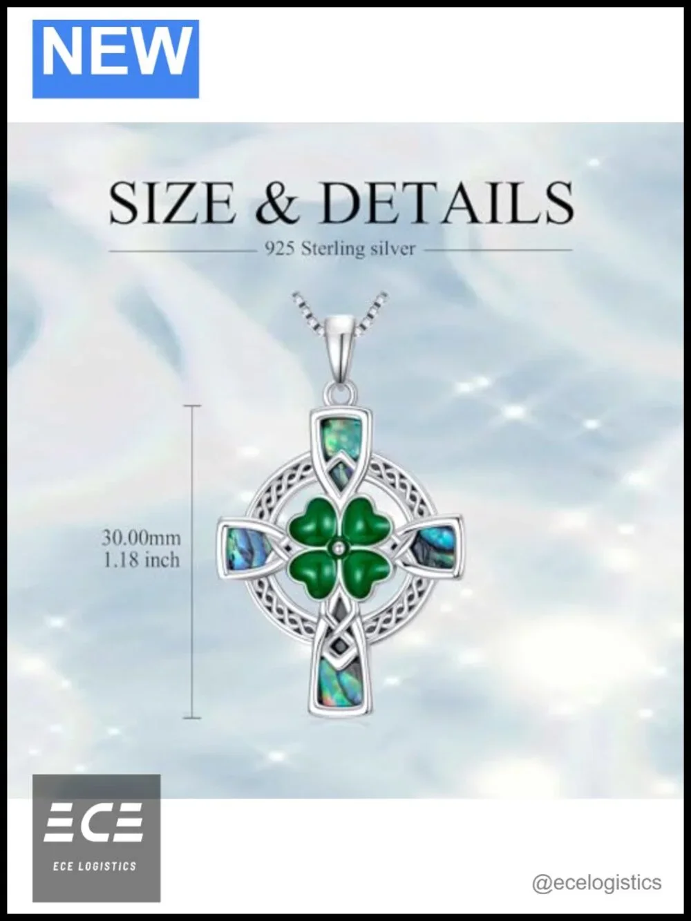 Celtic Cross Necklace 925 Sterling Silver Abalone Clover Pendant